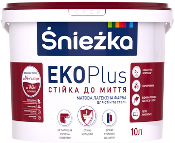 Краска матовая латексная стойкая к мытью Sniezka Eko Plus, 1 л, белый, матовый 1716339950 фото